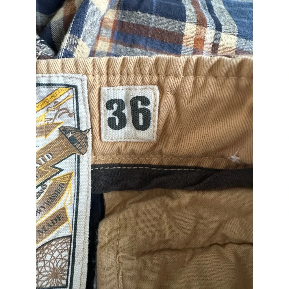 Vintage Plaid Mens Navy Blue Tan Brown Check Cotton Shorts Size 36 Heavy Washed